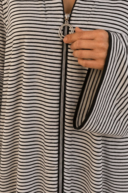 Luxury black and white stripes cotton towel bathrobe by Bocan Couture