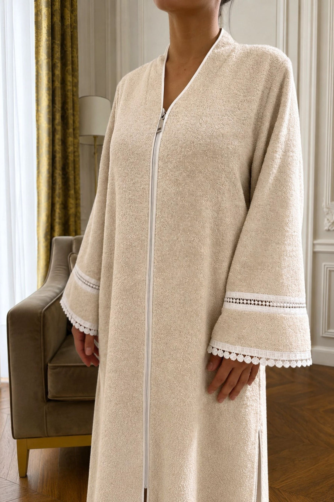 Luxury beige cotton towel bathrobe by Bocan Couture