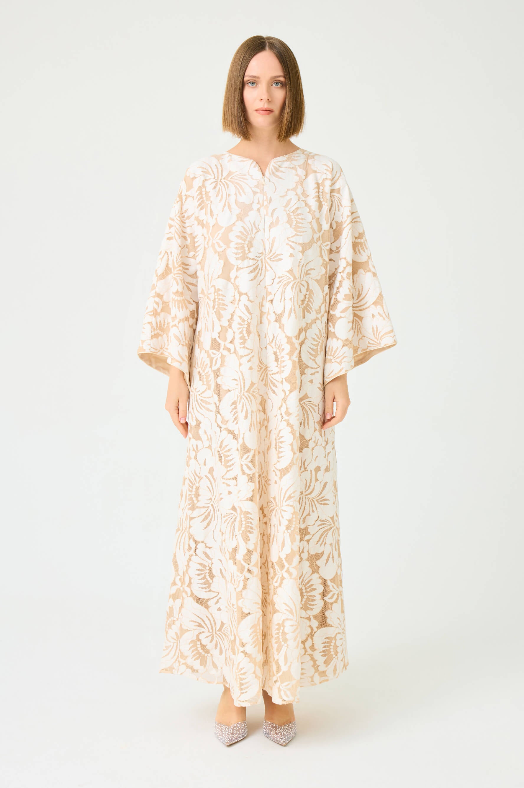 Estara Long Zippered Dress with Fully Trimmed Beige Lace