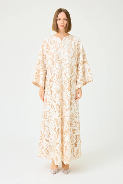 Estara Long Zippered Dress with Fully Trimmed Beige Lace