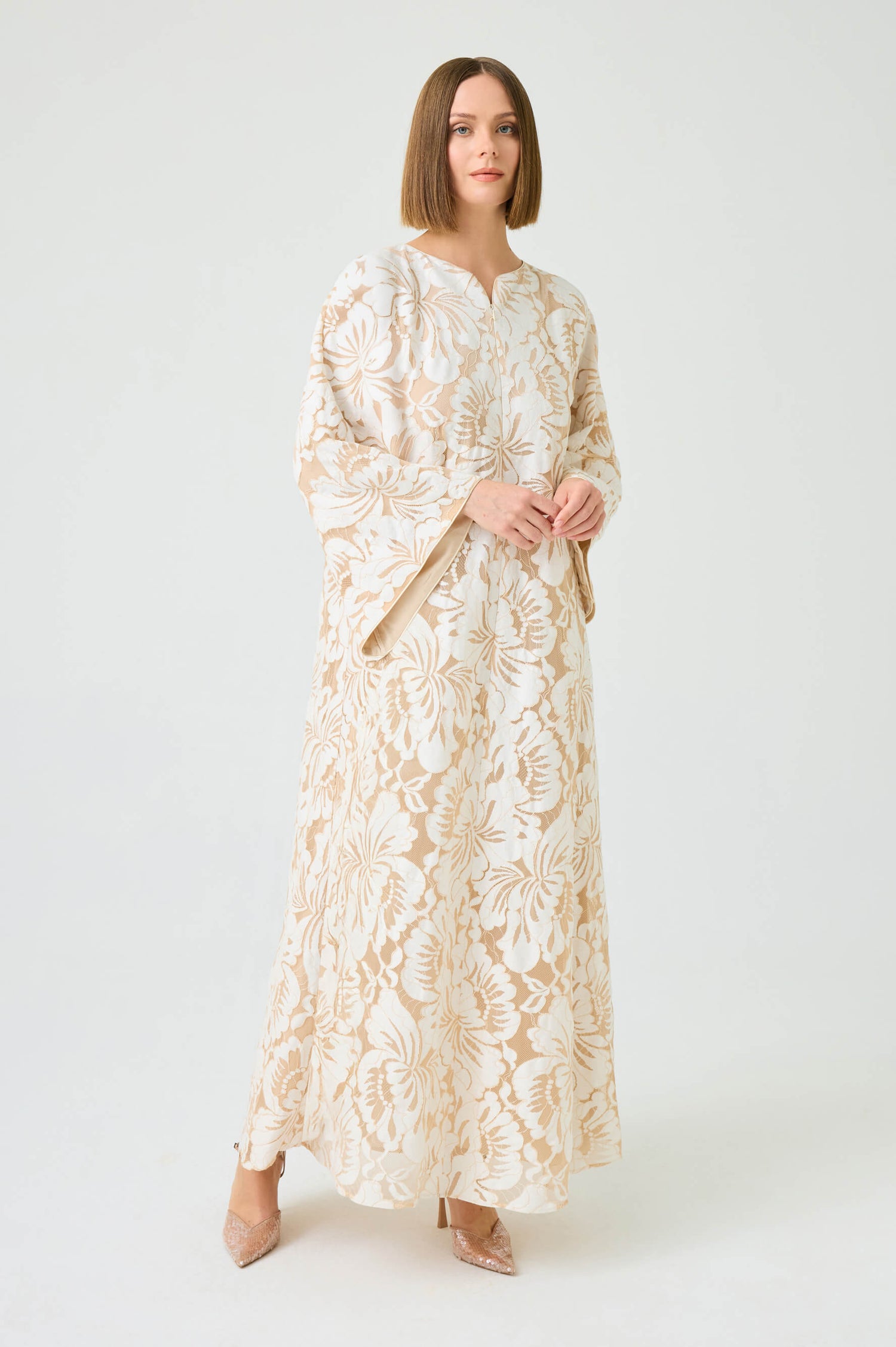 Estara Long Zippered Dress with Fully Trimmed Beige Lace