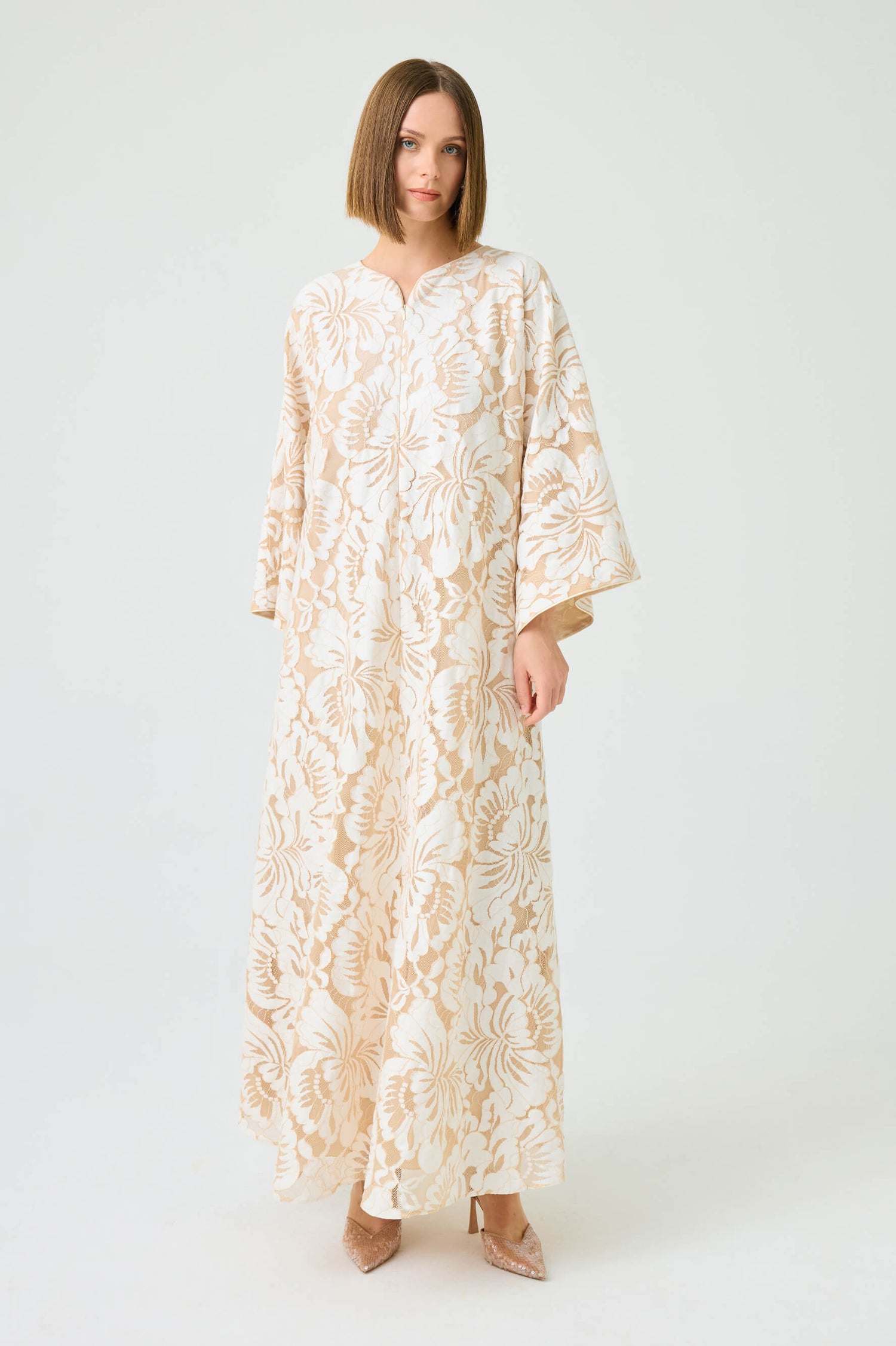 Estara Long Zippered Dress with Fully Trimmed Beige Lace