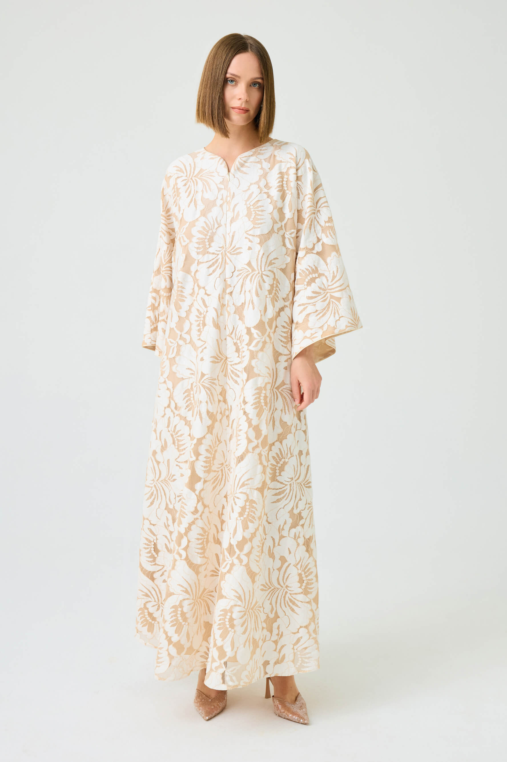 Estara Long Zippered Dress with Fully Trimmed Beige Lace