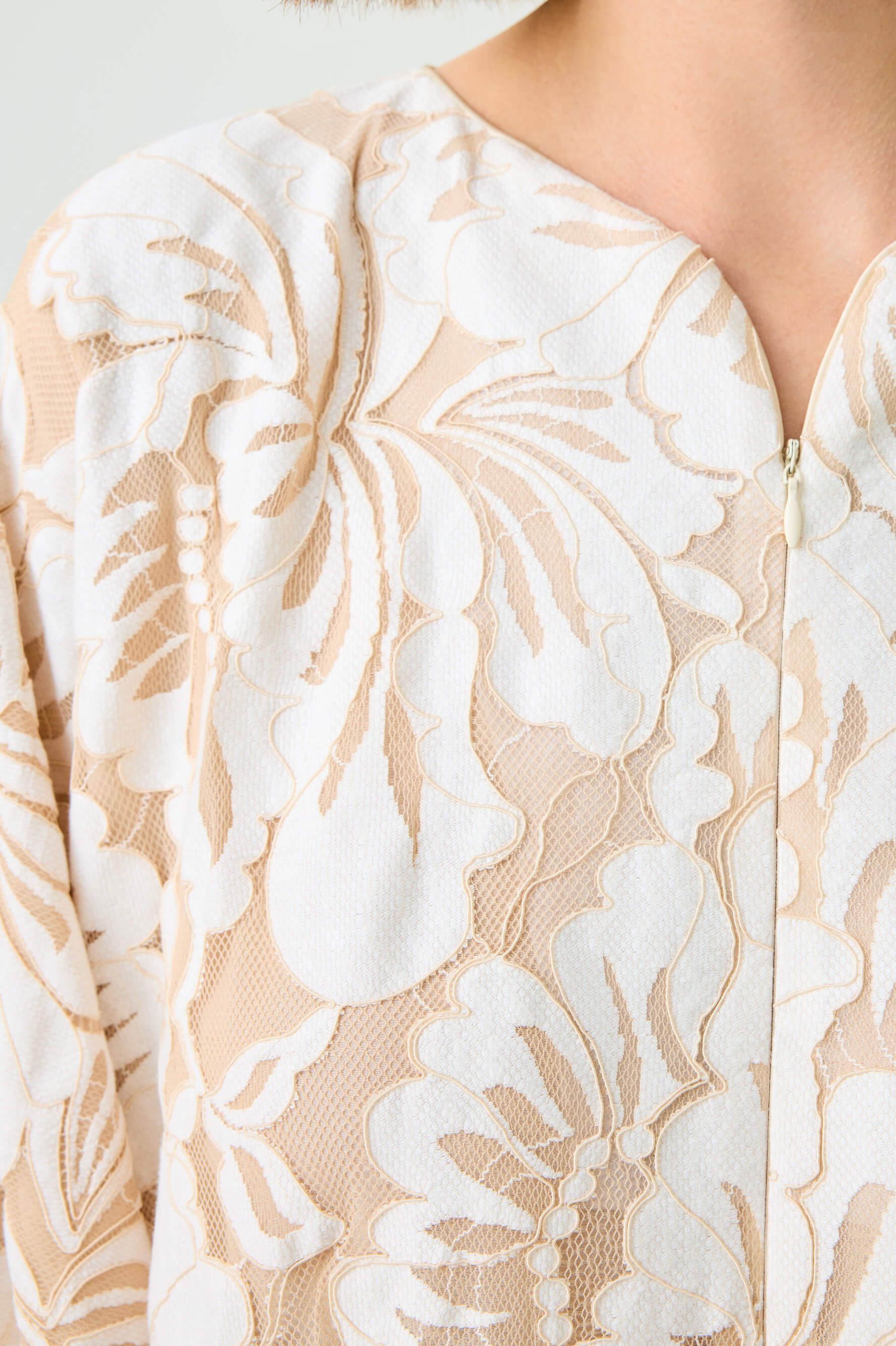 Estara Long Zippered Dress with Fully Trimmed Beige Lace