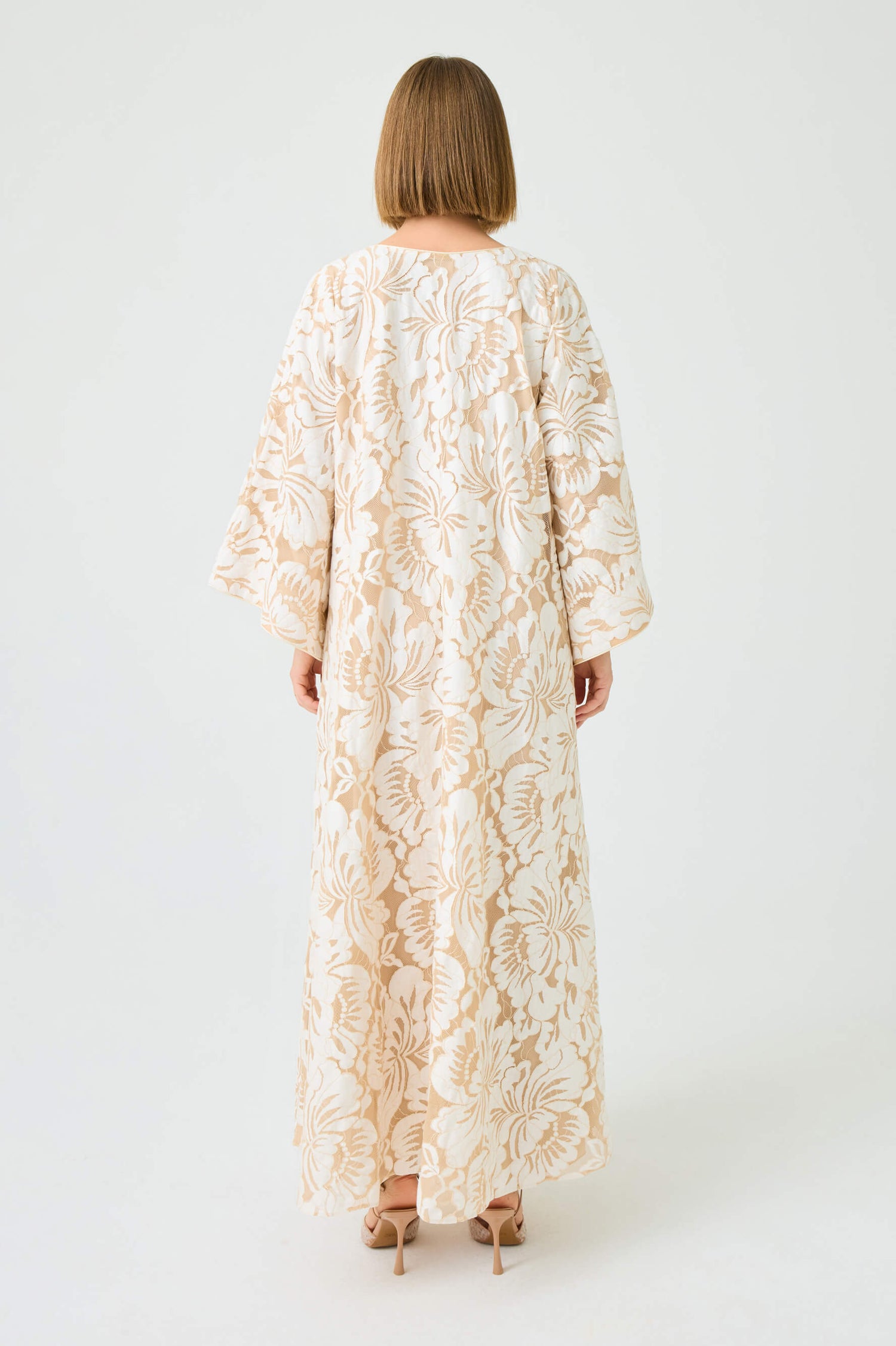 Estara Long Zippered Dress with Fully Trimmed Beige Lace