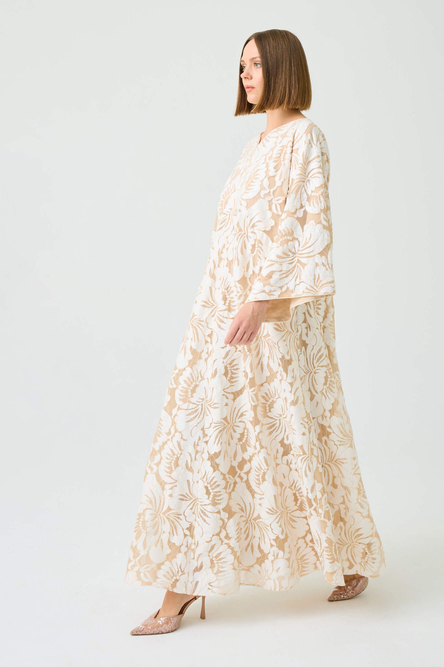 Estara Long Zippered Dress with Fully Trimmed Beige Lace