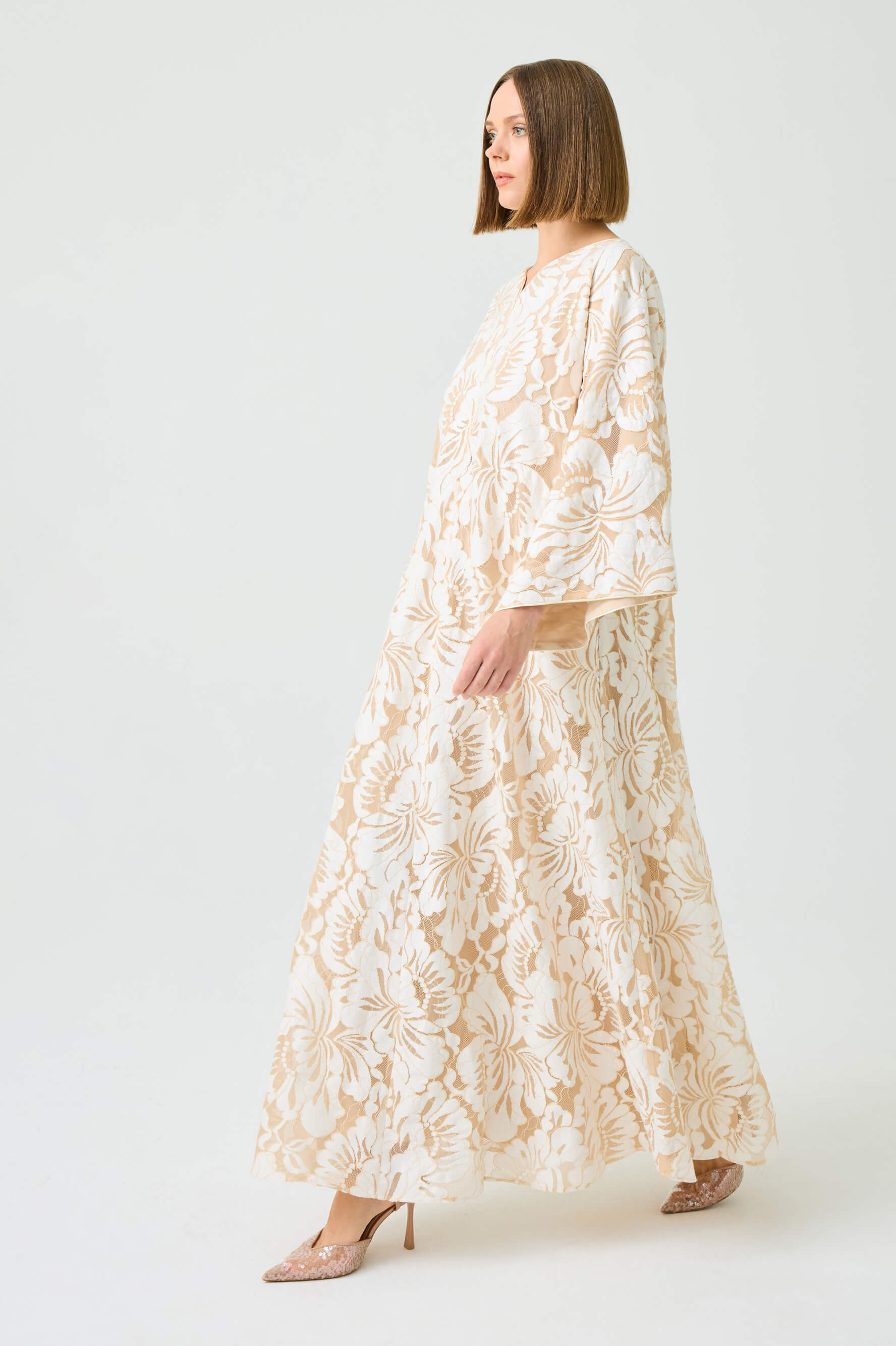 Estara Long Zippered Dress with Fully Trimmed Beige Lace