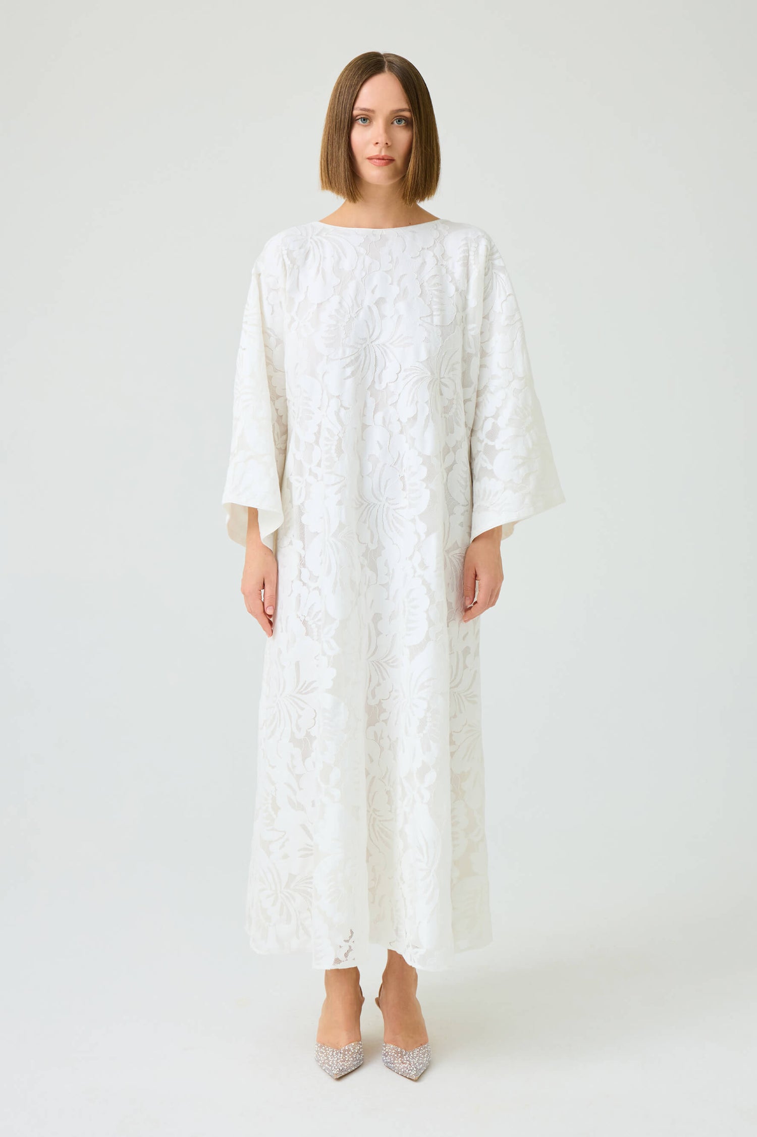 Estara Long Zippered Dress with Fully Trimmed Off White Lace