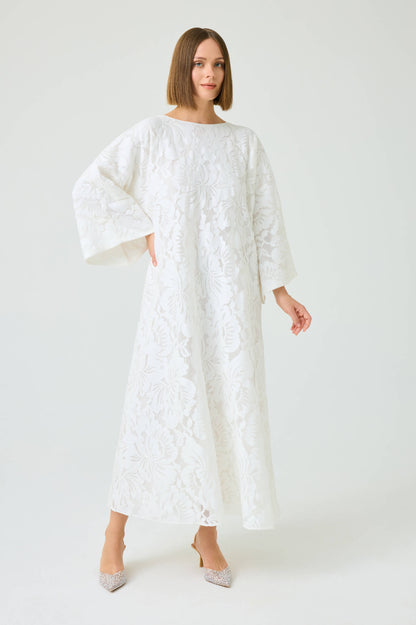 Estara Long Zippered Dress with Fully Trimmed Off White Lace