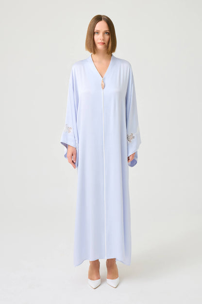 Abelia Long Rayon Zippered Dress with Off White Lace on Ice Blue