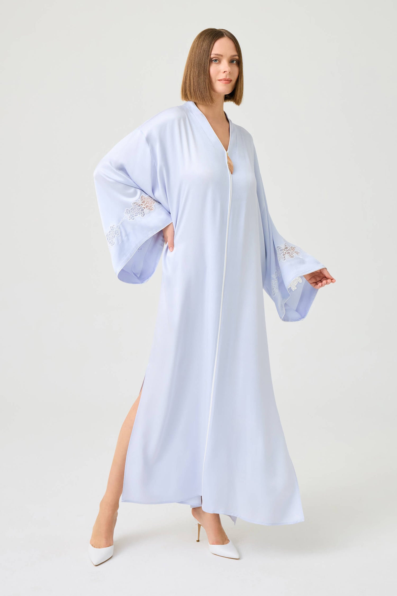 Abelia Long Rayon Zippered Dress with Off White Lace on Ice Blue
