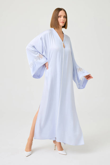 Abelia Long Rayon Zippered Dress with Off White Lace on Ice Blue
