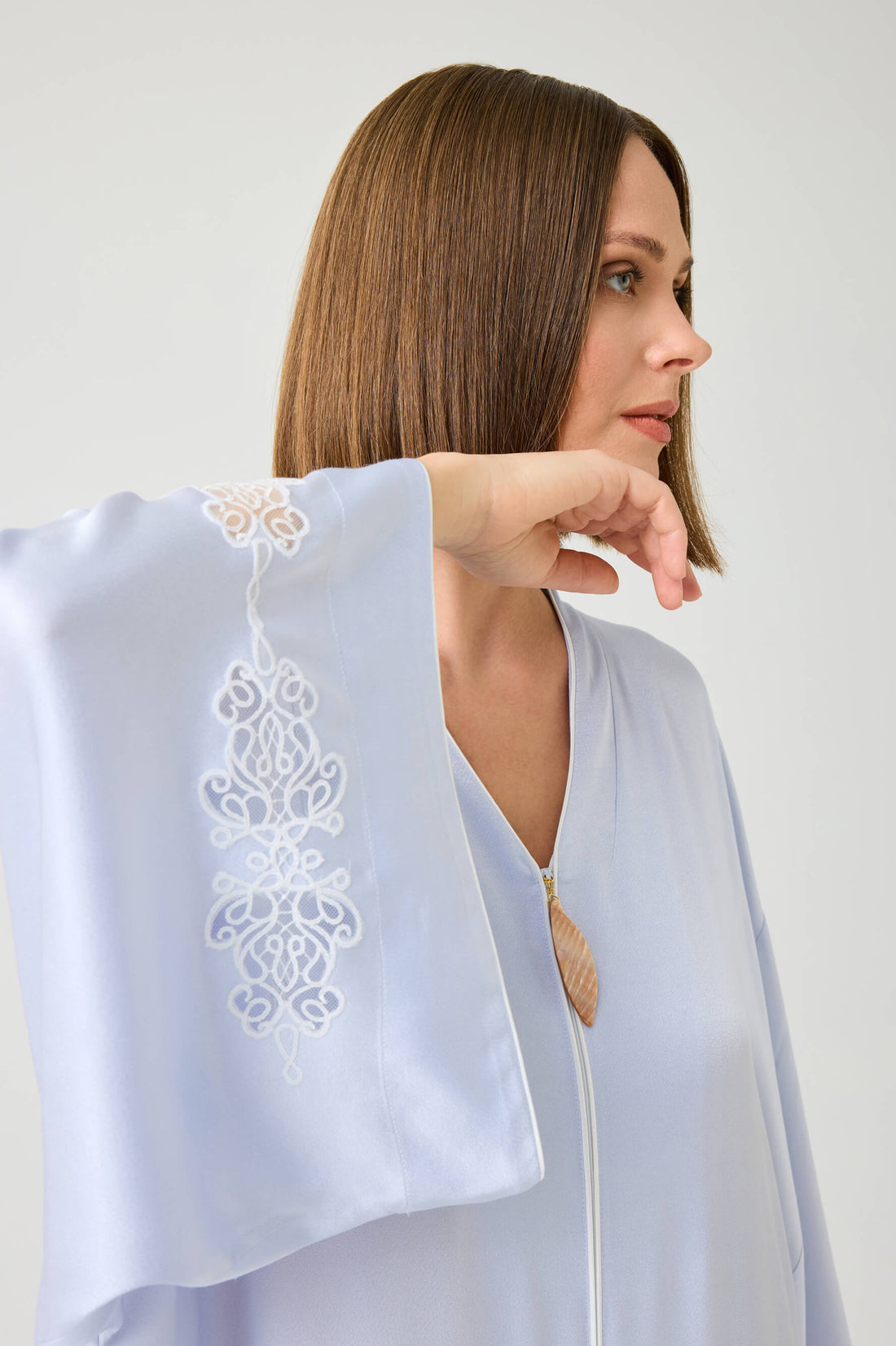 Abelia Long Rayon Zippered Dress with Off White Lace on Ice Blue