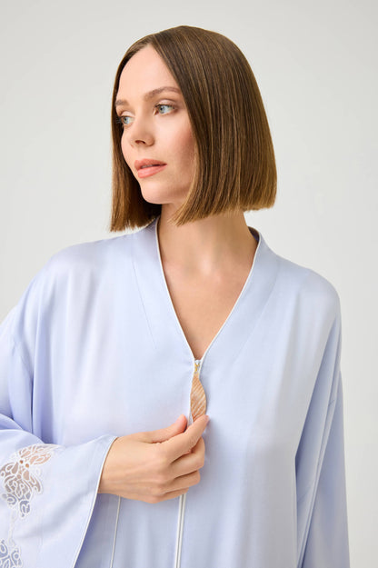 Abelia Long Rayon Zippered Dress with Off White Lace on Ice Blue