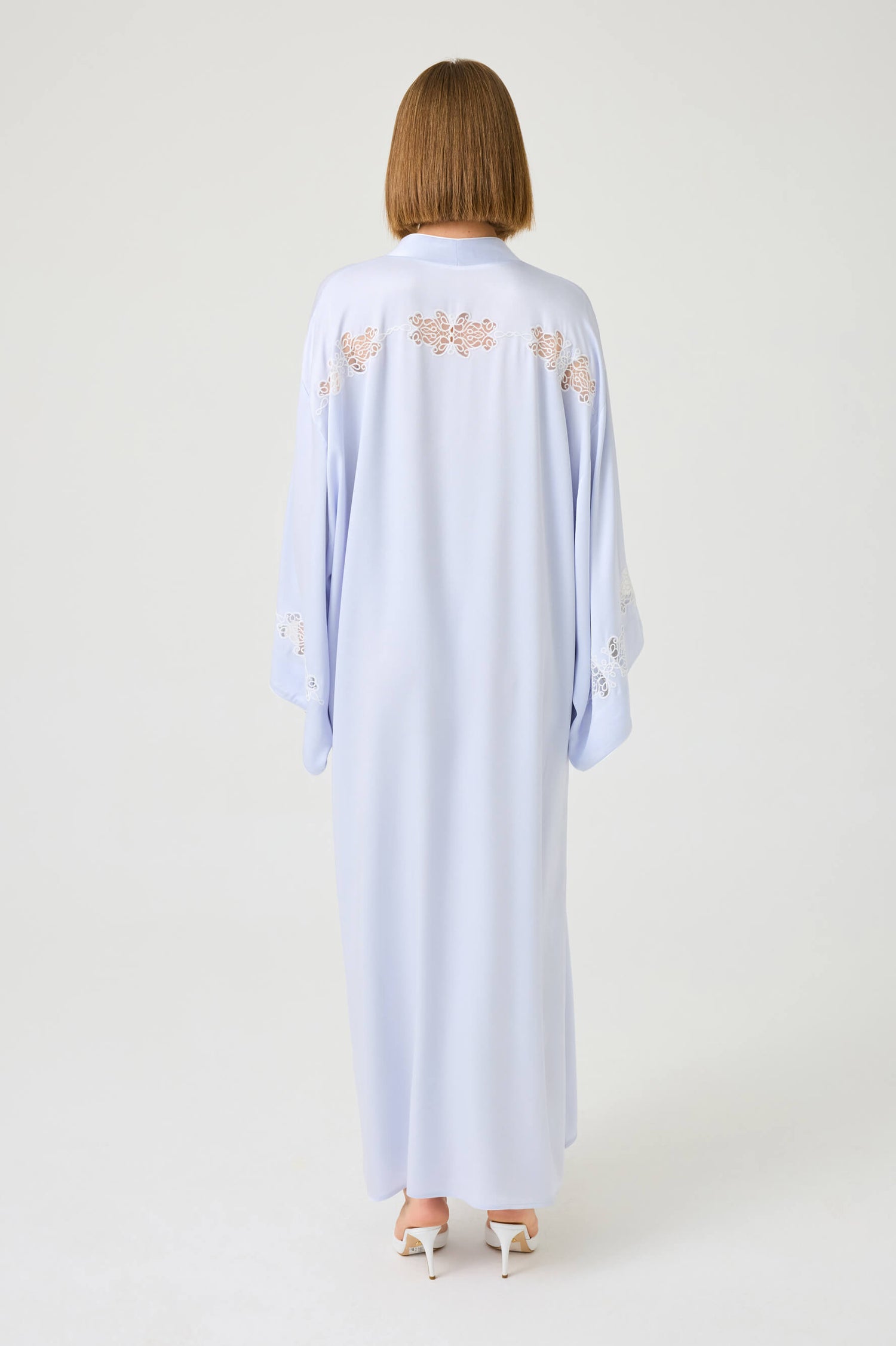 Abelia Long Rayon Zippered Dress with Off White Lace on Ice Blue