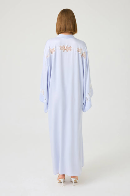 Abelia Long Rayon Zippered Dress with Off White Lace on Ice Blue