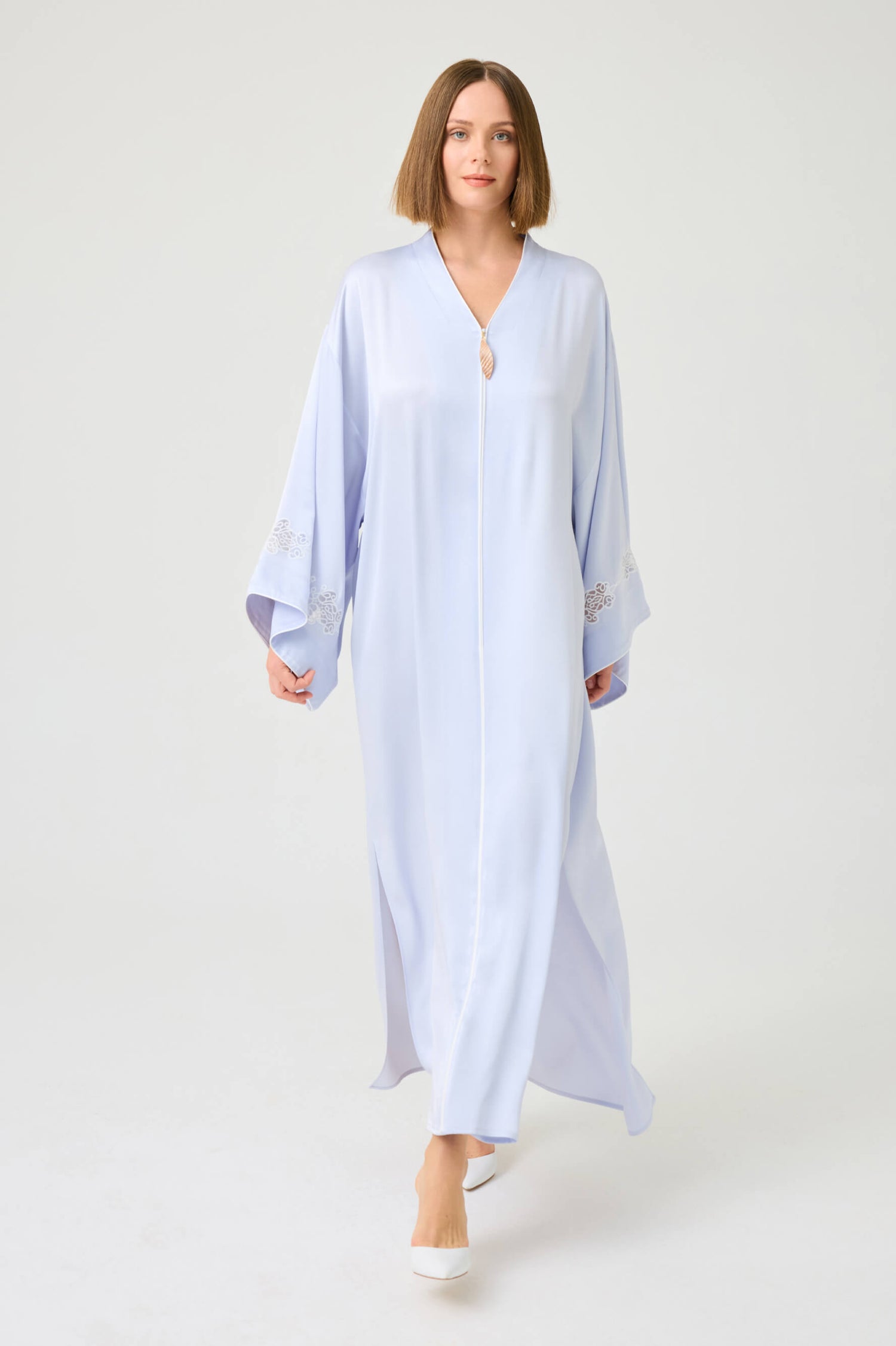 Abelia Long Rayon Zippered Dress with Off White Lace on Ice Blue