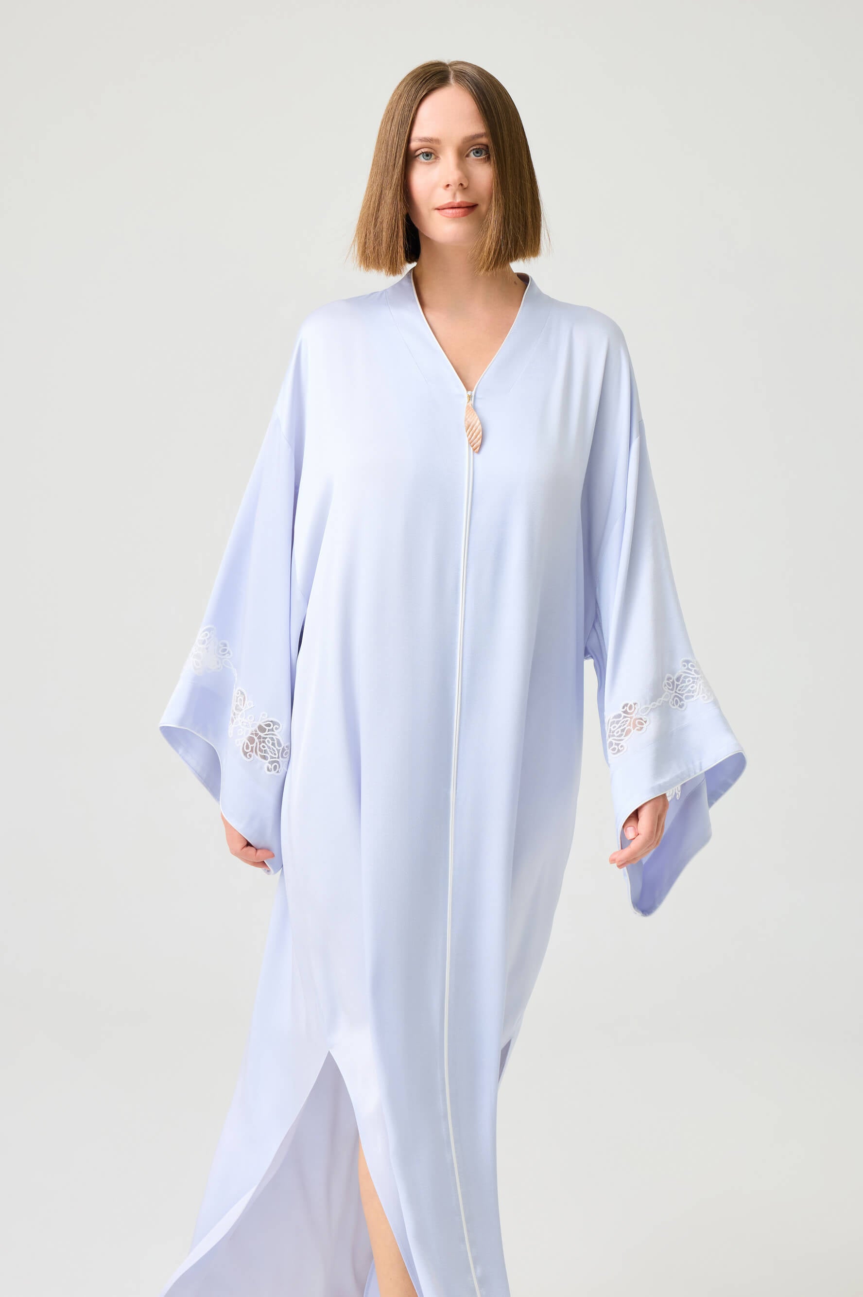 Abelia Long Rayon Zippered Dress with Off White Lace on Ice Blue