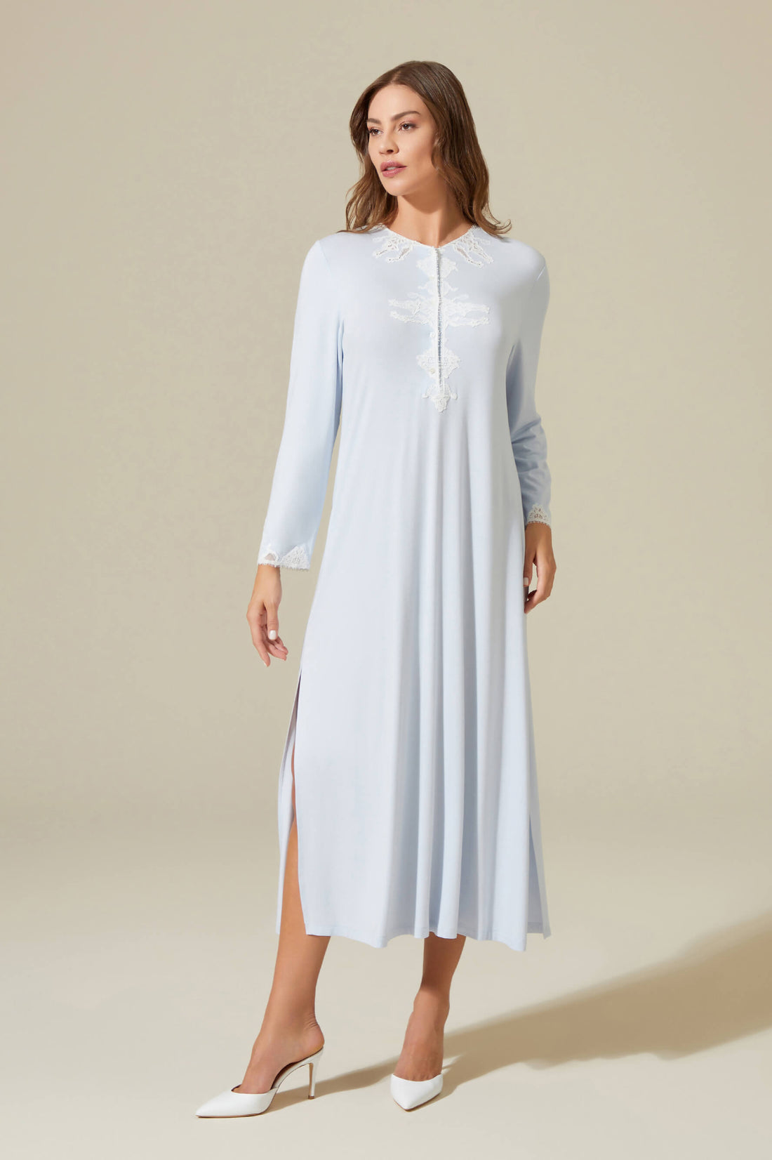 Ciel Trimmed and Buttoned Combed Cotton Nightgown - Off White on Baby Blue