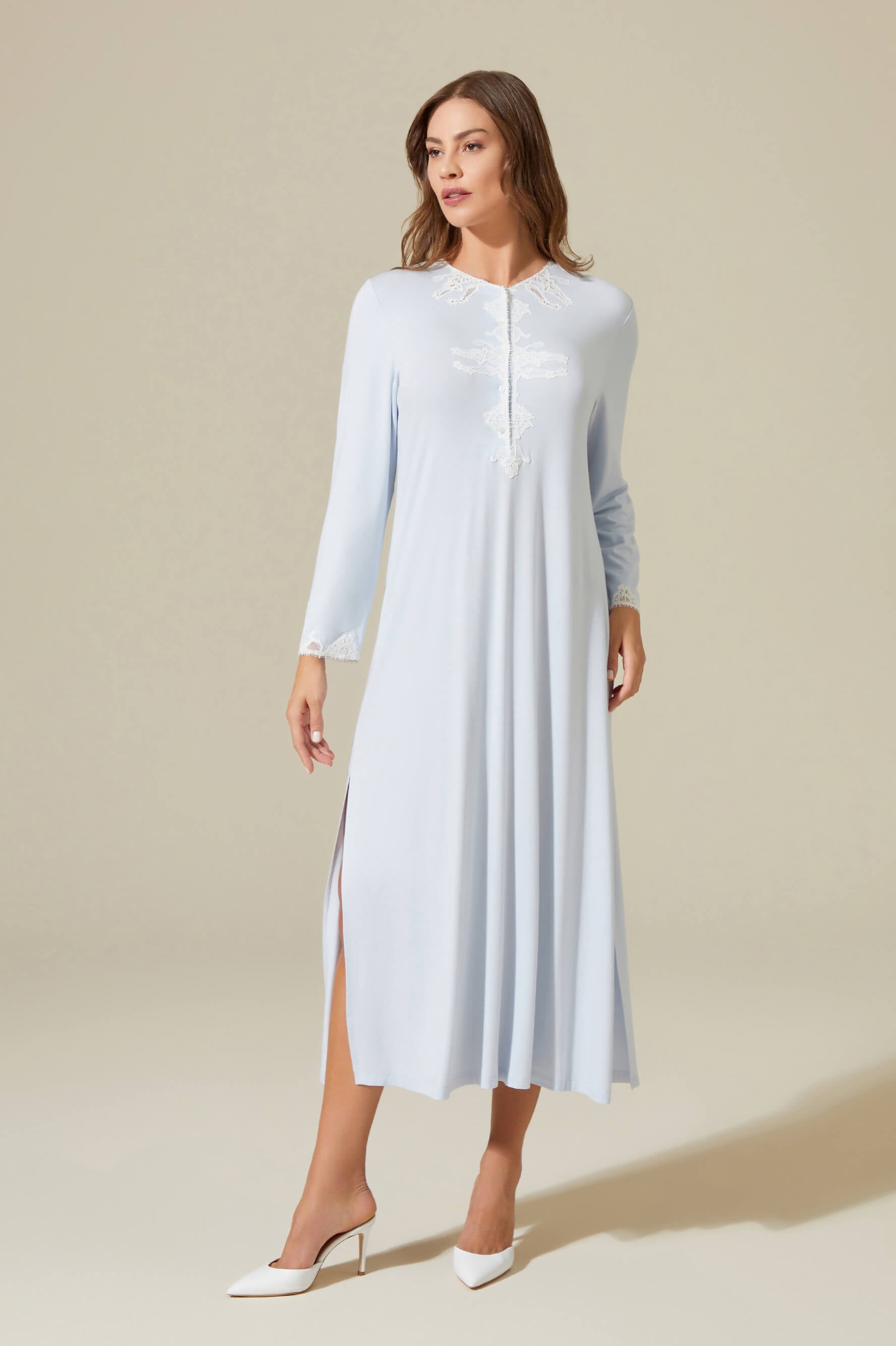 Tiffany Long Velvet Zippered Robe Set with Matching Combed Cotton Inner Nightgown - Off White on Baby Blue