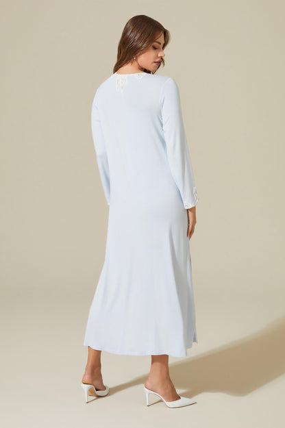 Tiffany Long Velvet Zippered Robe Set with Matching Combed Cotton Inner Nightgown - Off White on Baby Blue