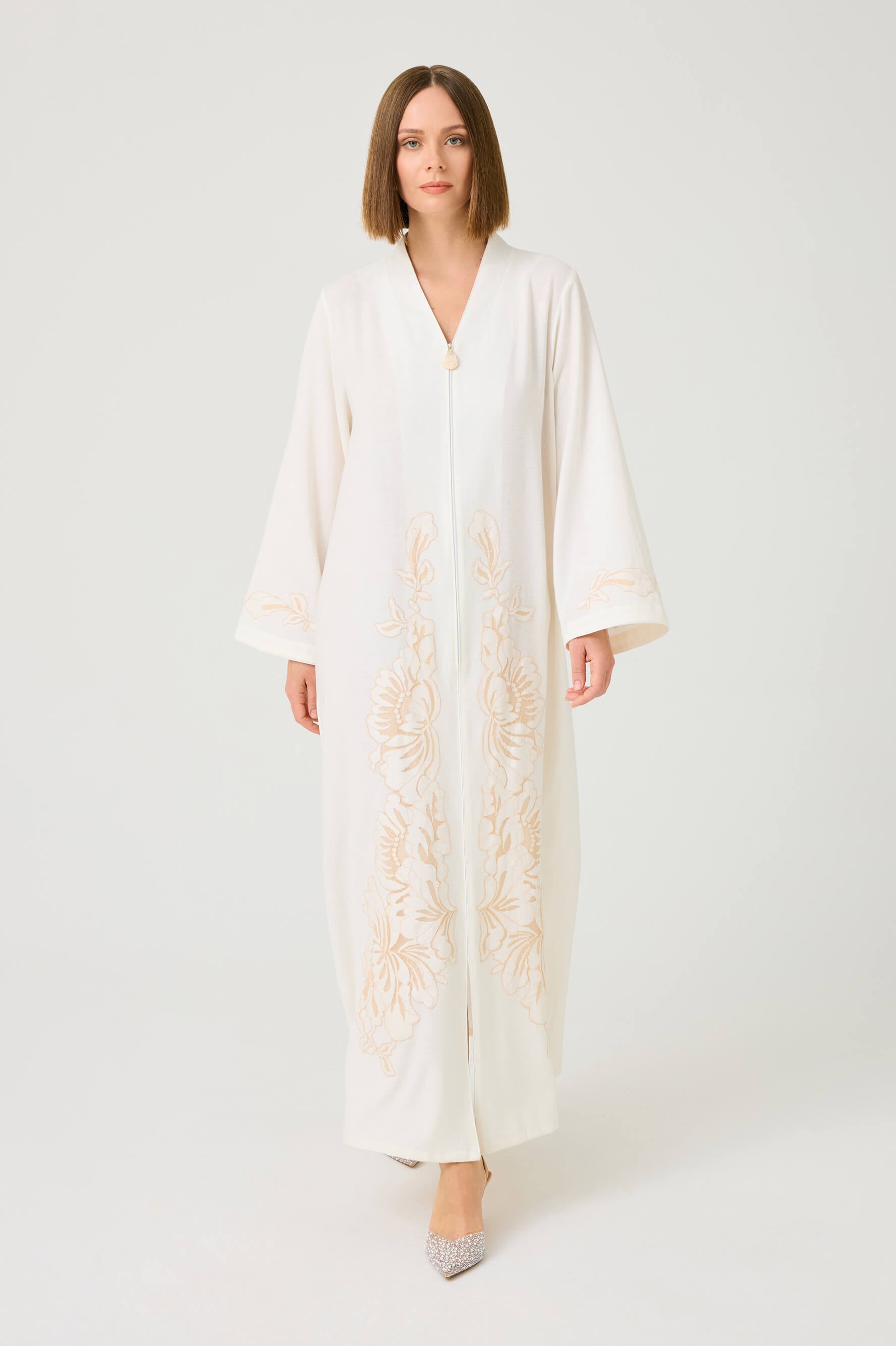 Liora Long Linen Zippered Dress with Beige Lace on Off White