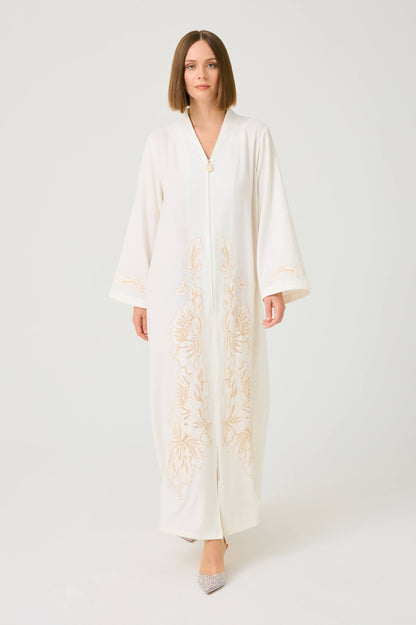 Liora Long Linen Zippered Dress with Beige Lace on Off White