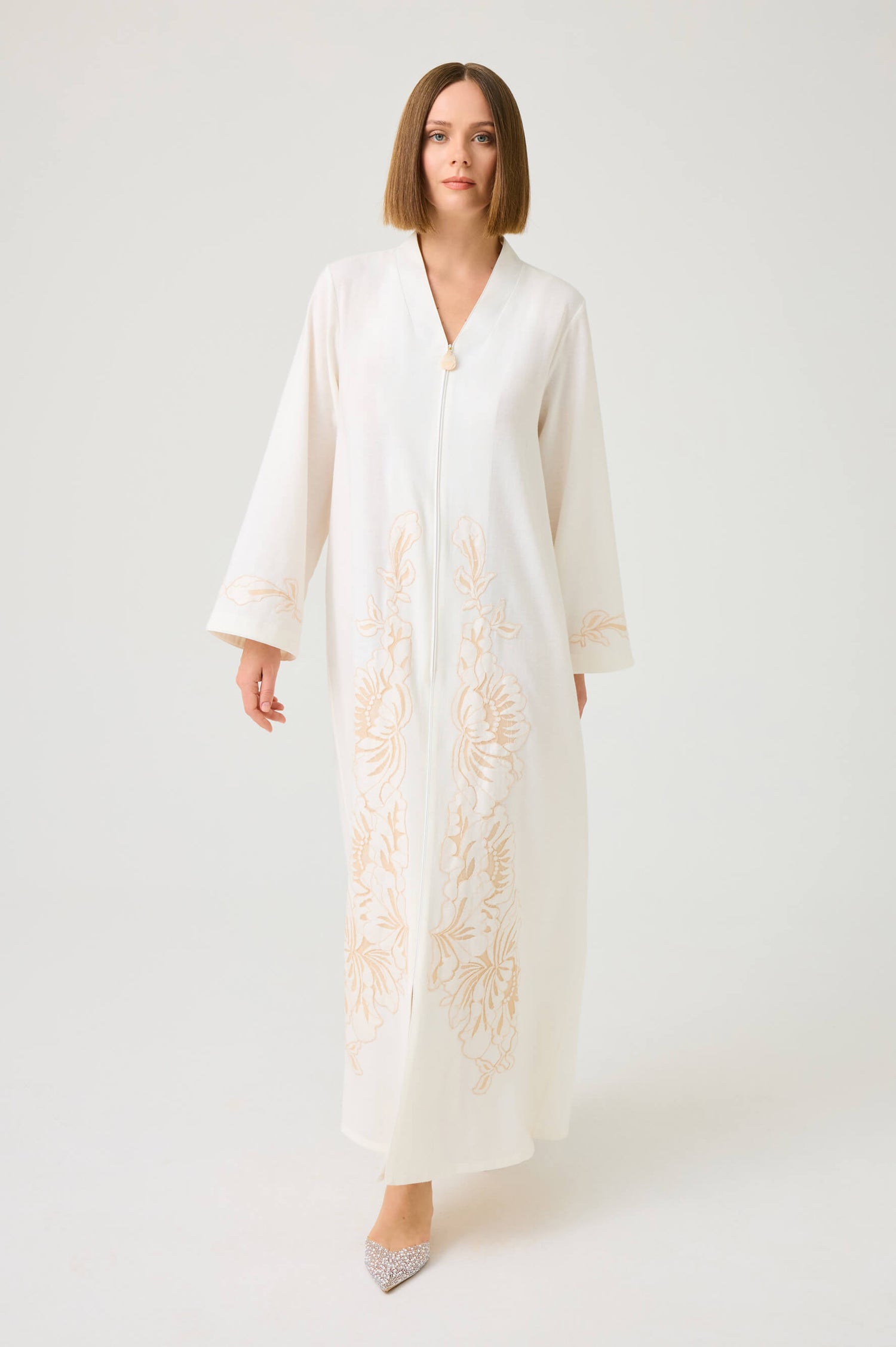 Liora Long Linen Zippered Dress with Beige Lace on Off White