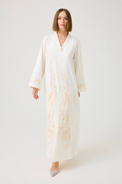 Liora Long Linen Zippered Dress with Beige Lace on Off White
