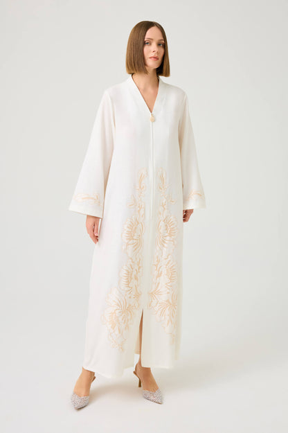 Liora Long Linen Zippered Dress with Beige Lace on Off White
