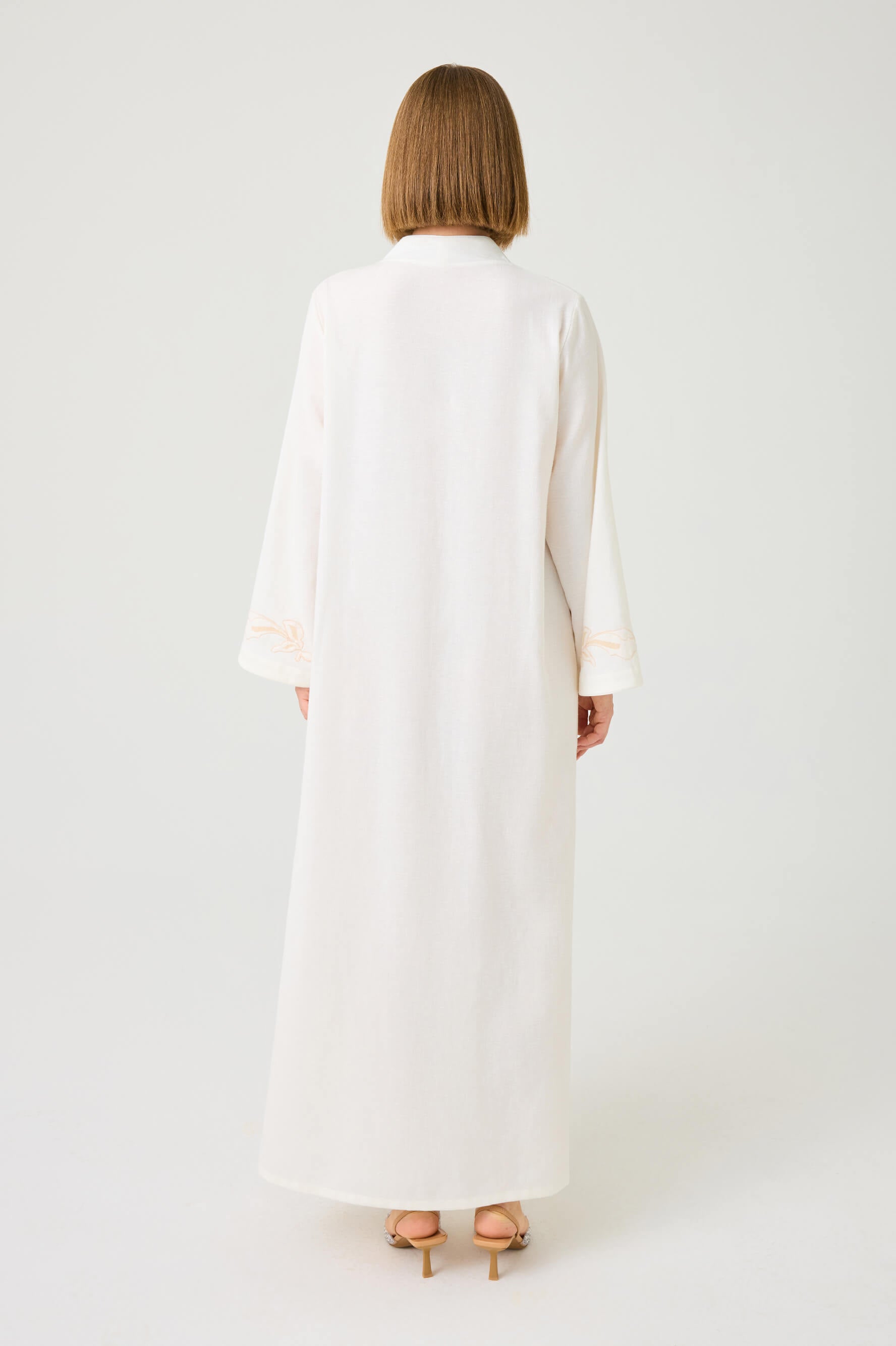 Liora Long Linen Zippered Dress with Beige Lace on Off White