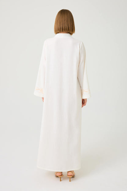 Liora Long Linen Zippered Dress with Beige Lace on Off White
