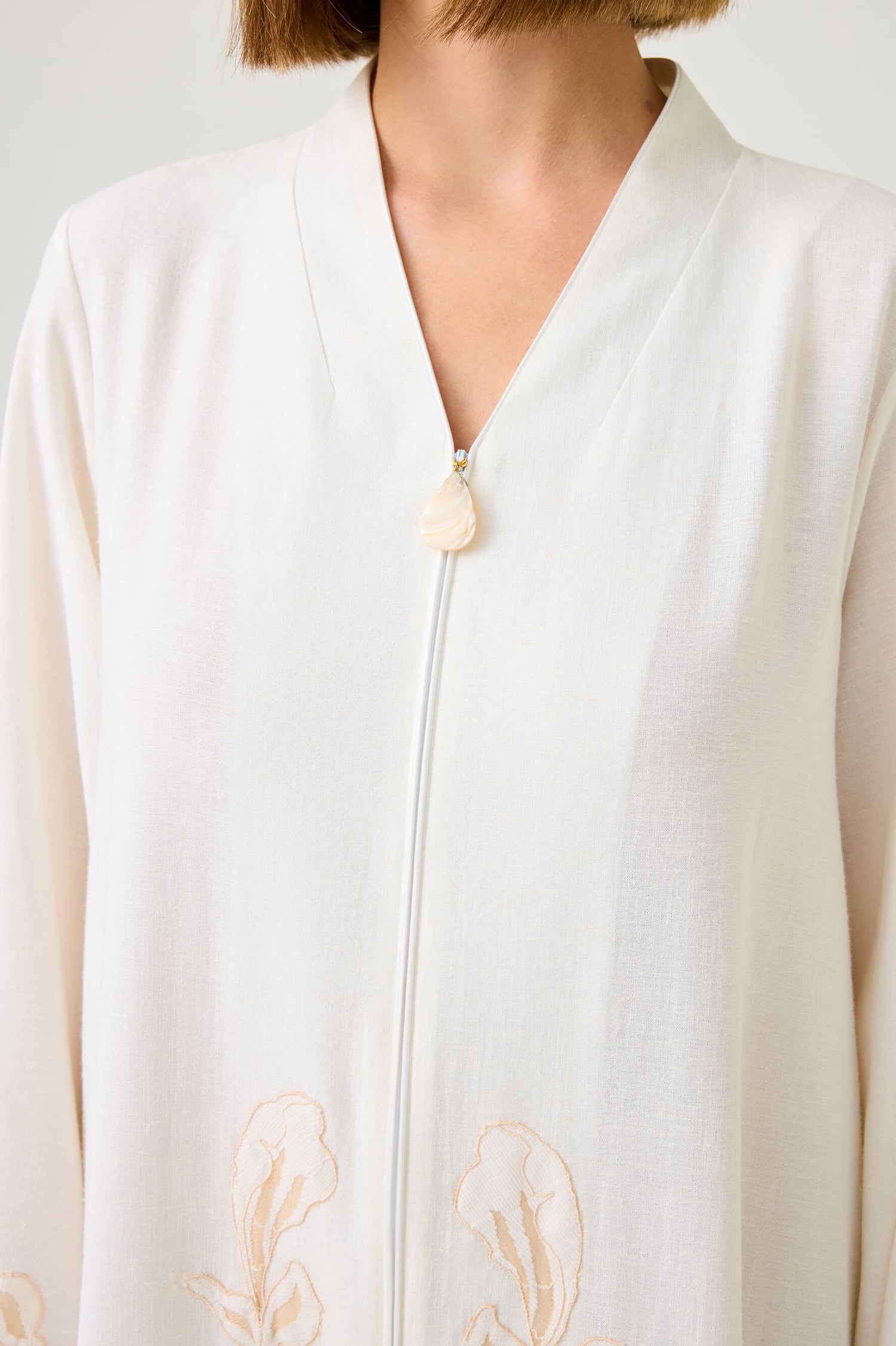 Liora Long Linen Zippered Dress with Beige Lace on Off White