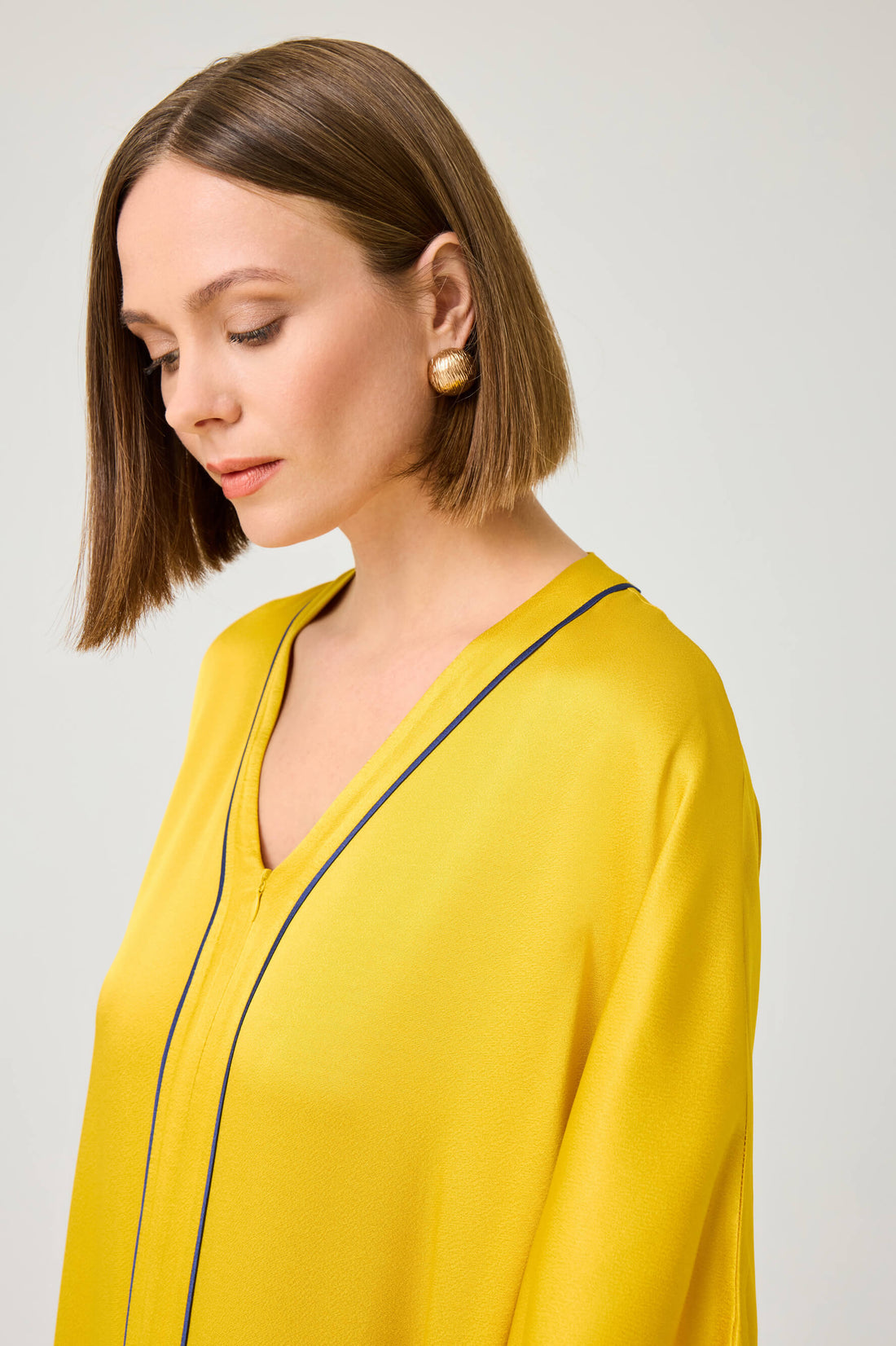 Cara Long Rayon Buttoned Kaftan Dress with Navy Blue Lines on Saffron