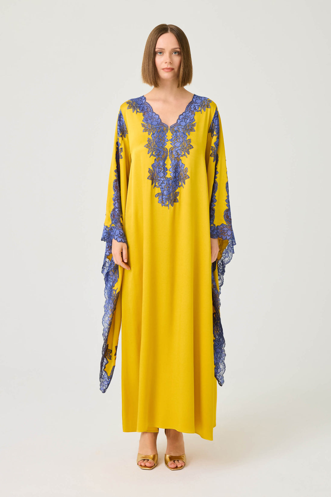 Adelaide Long Rayon Zippered Dress with Navy Blue Lace on Saffron