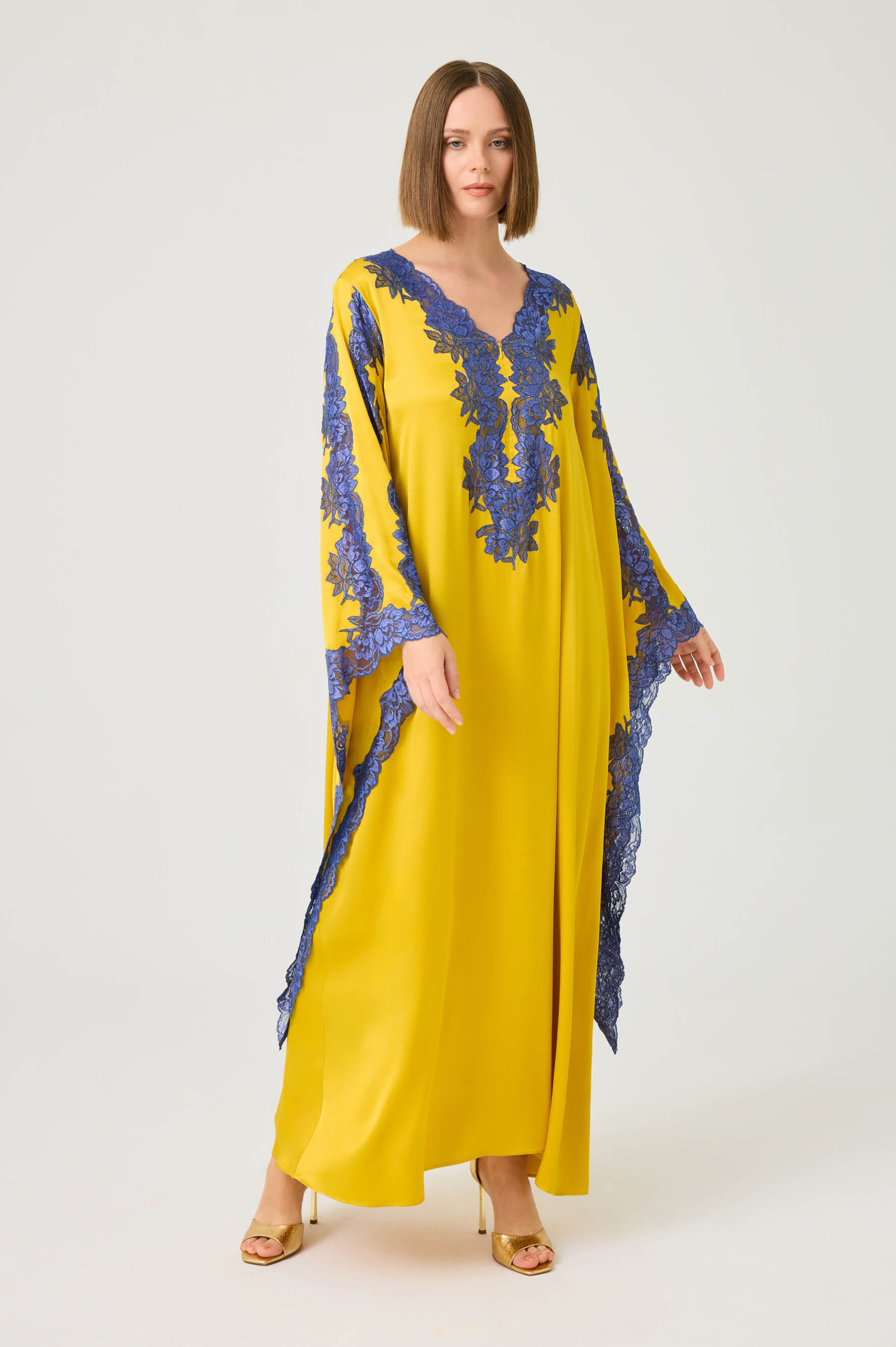 Adelaide Long Rayon Zippered Dress with Navy Blue Lace on Saffron