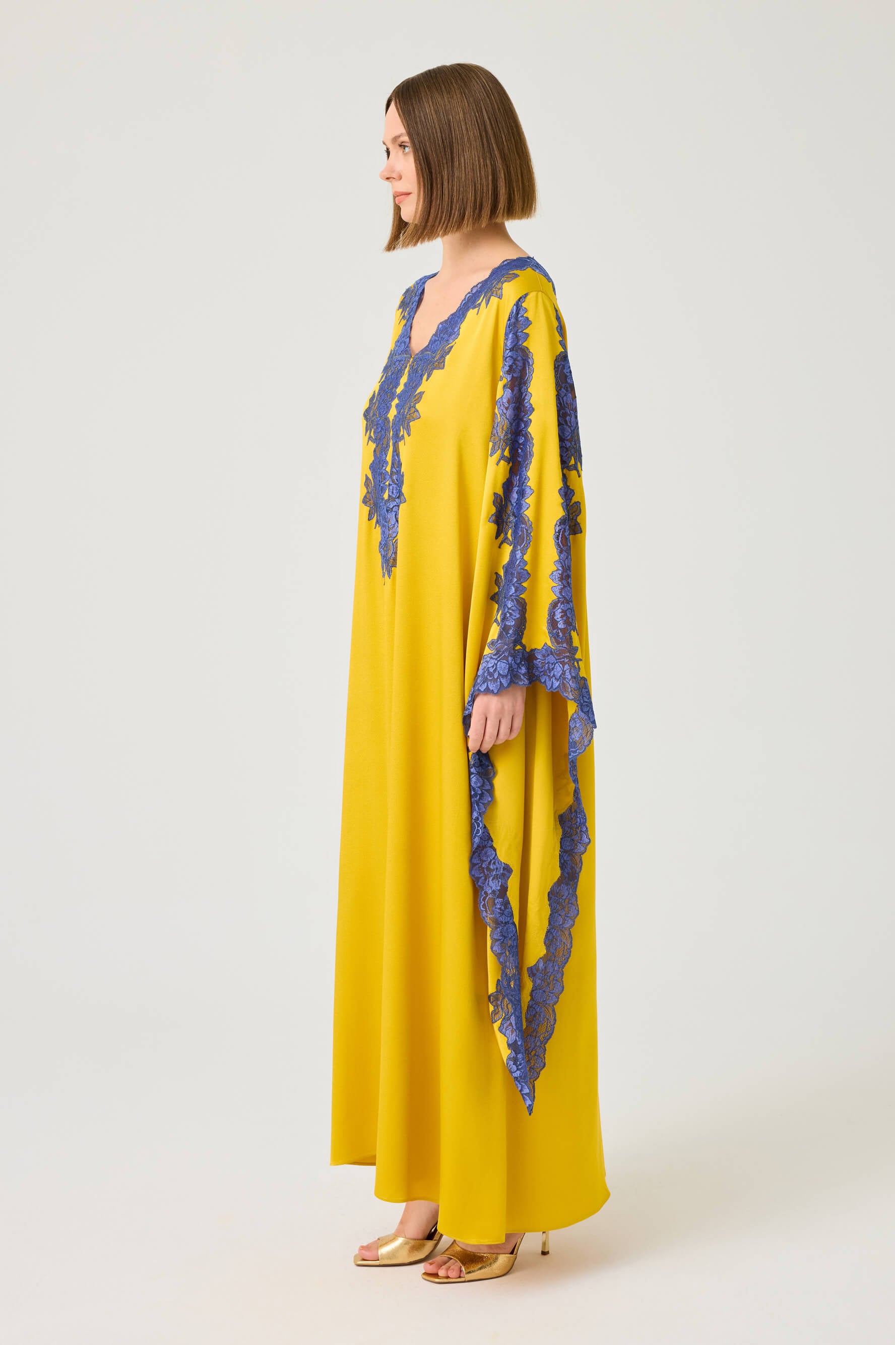 Adelaide Long Rayon Zippered Dress with Navy Blue Lace on Saffron