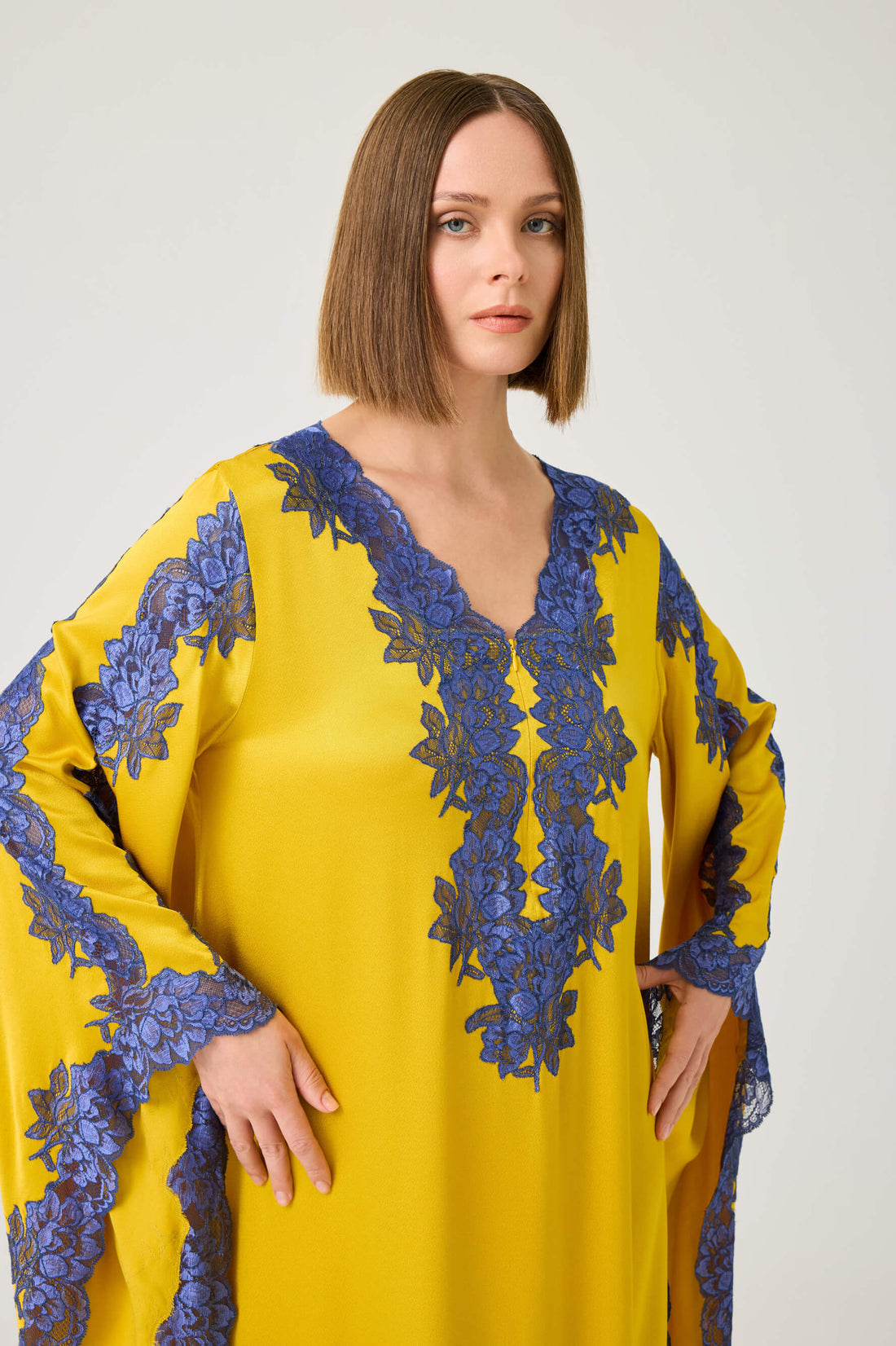 Adelaide Long Rayon Zippered Dress with Navy Blue Lace on Saffron