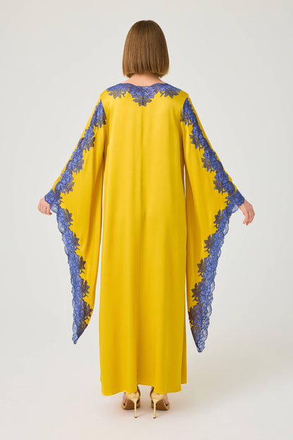 Adelaide Long Rayon Zippered Dress with Navy Blue Lace on Saffron