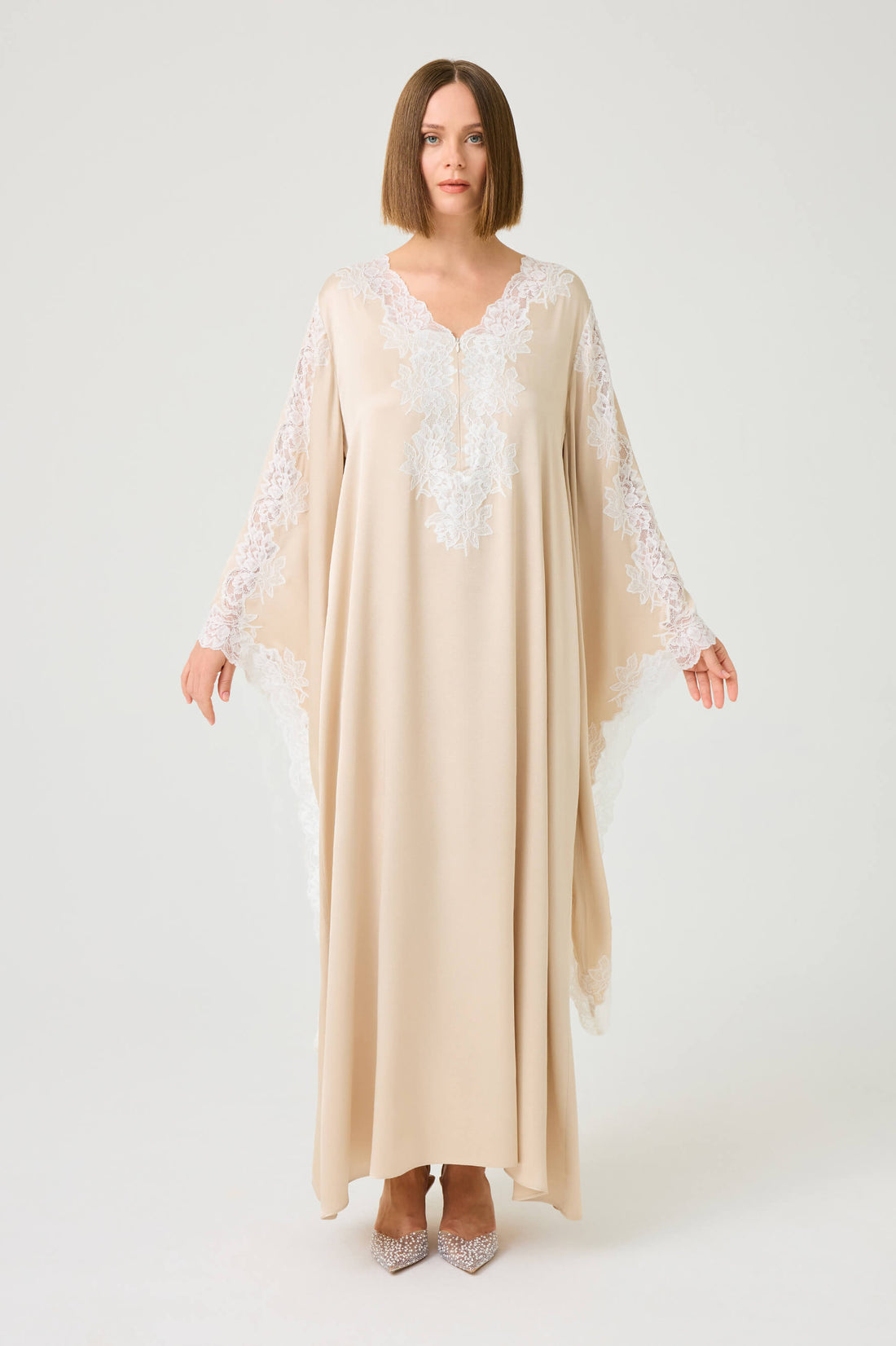 Adelaide Long Rayon Zippered Dress with Off White Lace on Beige