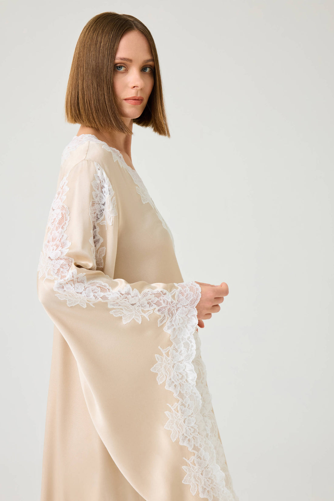 Adelaide Long Rayon Zippered Dress with Off White Lace on Beige