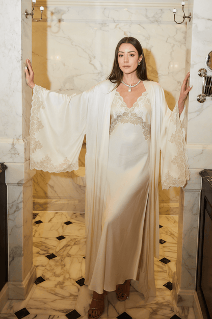 Hermione - Long Rayon Kimono Set - Off White with Gold Lace