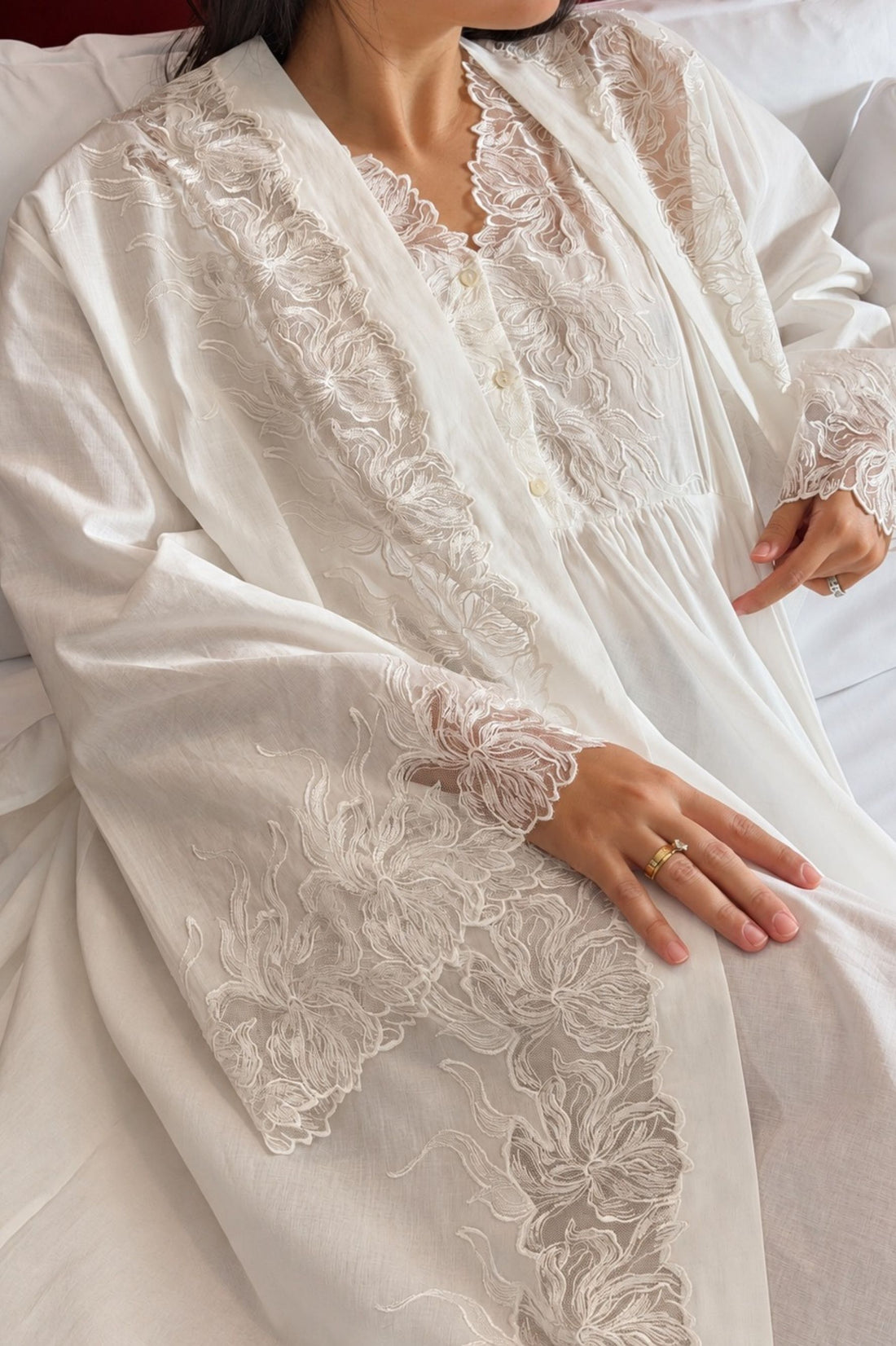 A close-up of a woman wearing a white long-sleeve button-front robe with intricate floral lace trim and embroidered details on the sleeves and neckline.