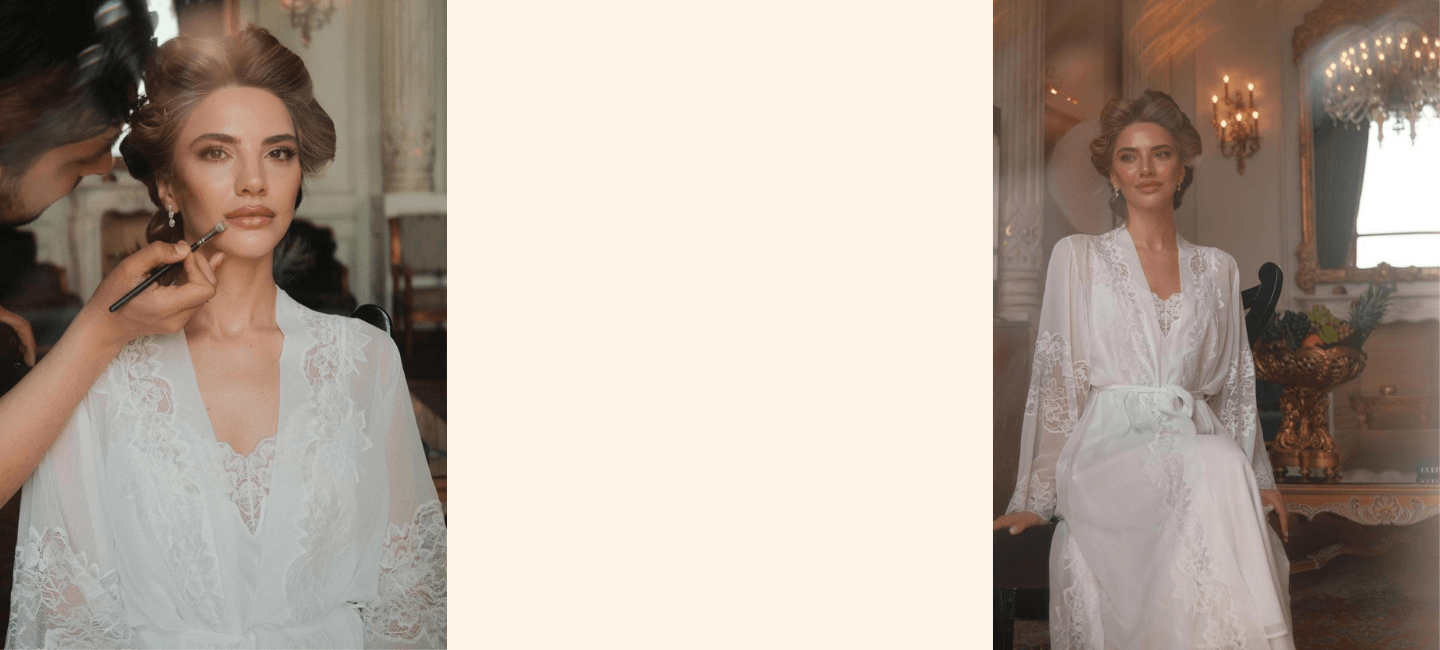 Woman in a white lace dress being styled in a room with decorative elements.