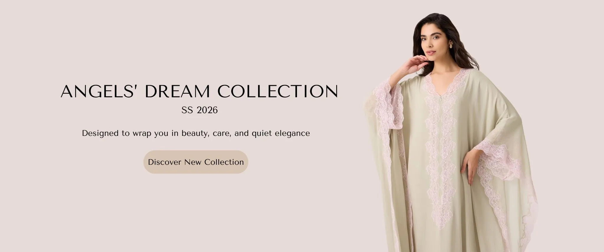 Woman in a light-colored dress with 'Angels' Dream Collection' text on a beige background