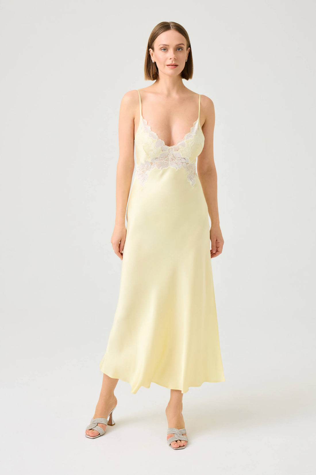 Caroline Long Rayon Nightgown with Butter Yellow Lace on Butter Yellow