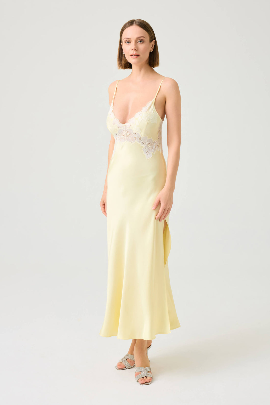 Caroline Long Rayon Nightgown with Butter Yellow Lace on Butter Yellow