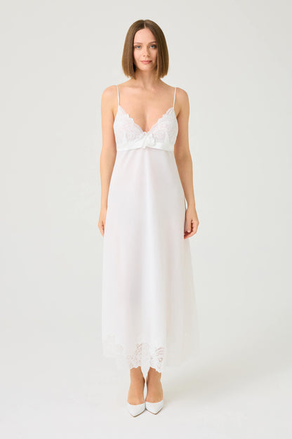 Rosabelle Long Silky Chiffon Robe Set with Off White Lace on Off White