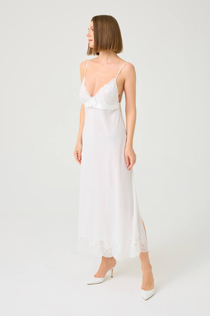 Rosabelle Long Silky Chiffon Robe Set with Off White Lace on Off White