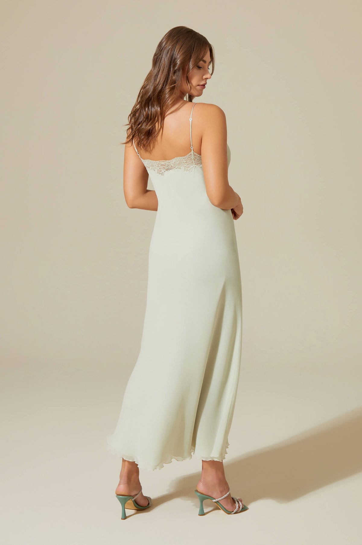 Chiffon Robe Long Carina Long Silky Chiffon Robe Set - Sage Green Lace on Sage Green – Bocan